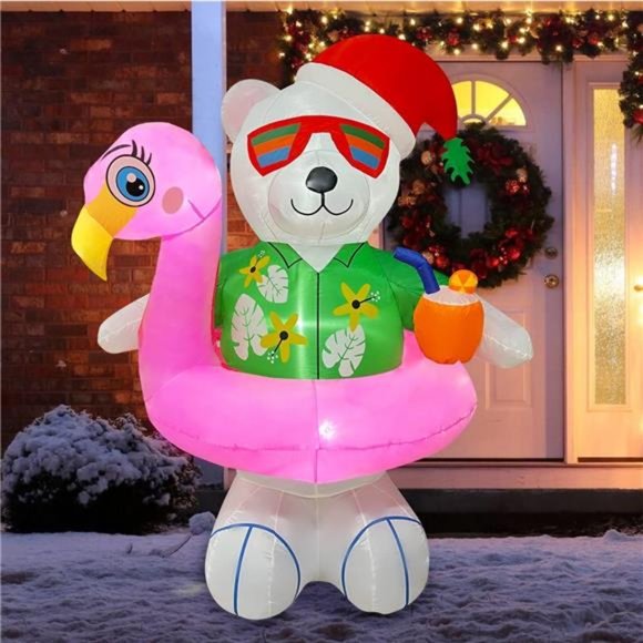 6ft Christmas Inflatables Hawaiian Polar Bear with Flamingo Pool Float Decor - Picture 1 of 6